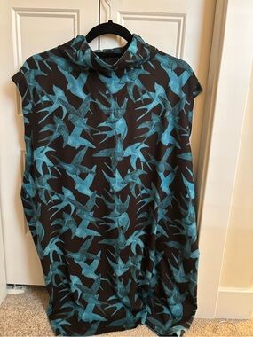 Women's Black Tank Top with Teal Bird Print and Cowl Neck